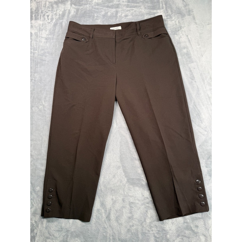 Dressbarn Dress Pants Women's 14 Brown Stretch Pockets Button Cuff Hem Wide Leg